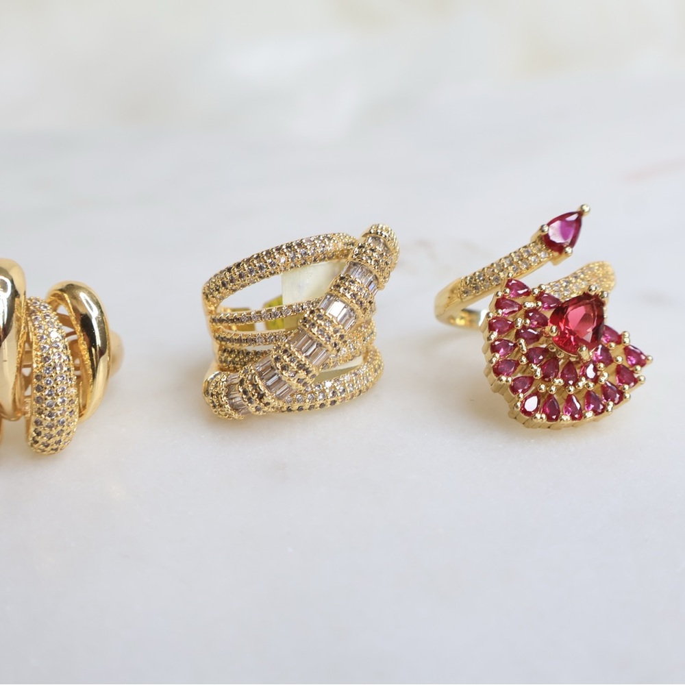 Elegant Stainless steel and Red Gemstone Ring Set